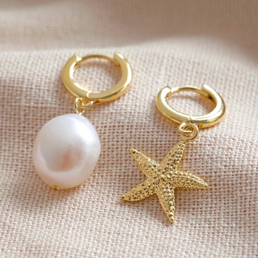 Pearl And Starfish Huggie Hoop Earrings In Gold, 1 of 9