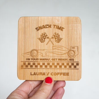 Personalised F1 Grand Prix Racing Car Engraved Bamboo Coaster, 2 of 3