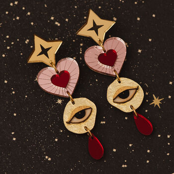 Asteria Heart And Eye Earrings Pink/Red, 2 of 3