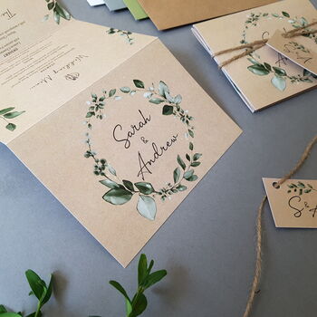 Kraft Eucalyptus Wreath Wedding Invitations Sample, 3 of 9