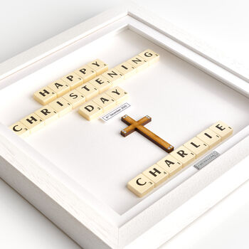 Personalised Wooden Cross Christening Keepsake Frame With Scrabble, 5 of 9