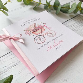 New Baby Girl Card Vintage Baby Carriage Design, 3 of 5