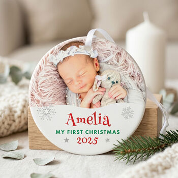 My First Christmas Photo Ceramic Disc Hanging Decoration Bauble + Gift Box, 3 of 8