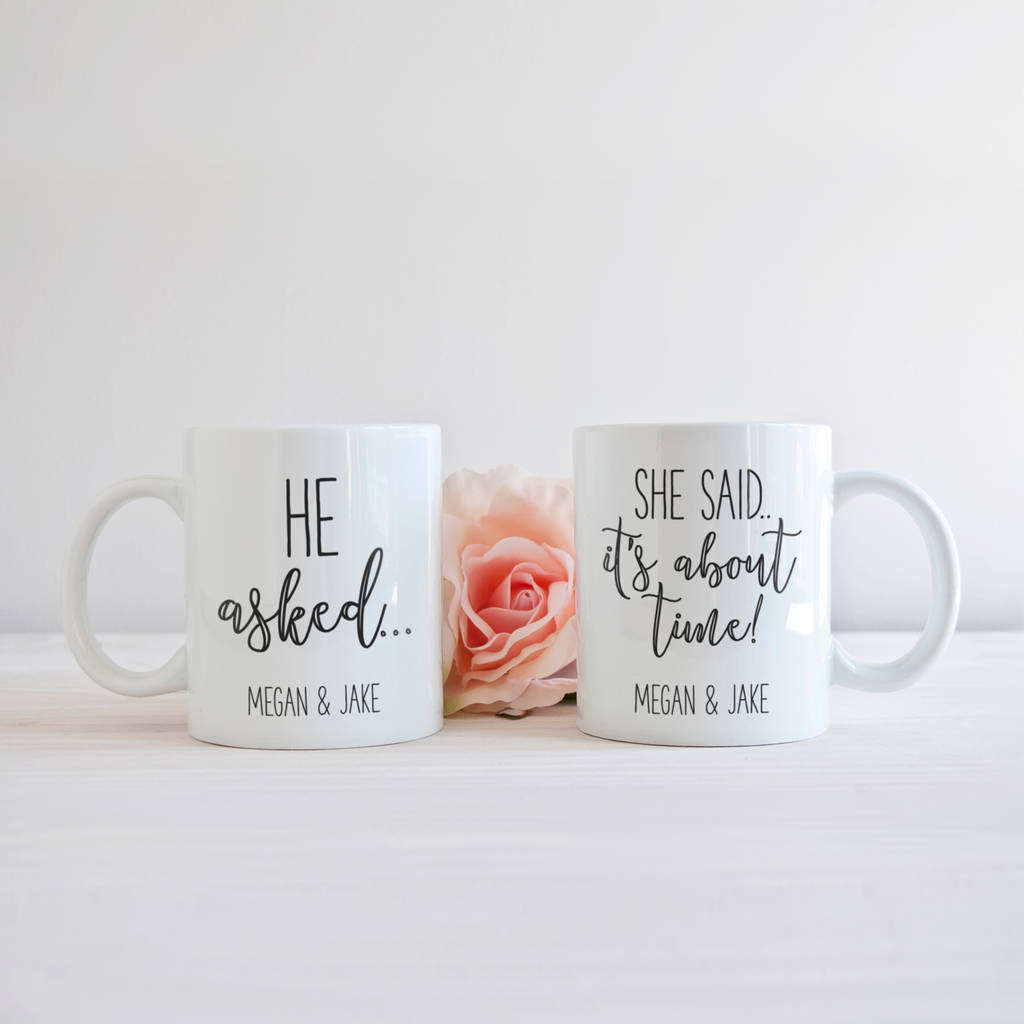 Personalised 'He Asked She Said About Time' Couple Mugs