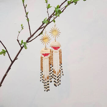 'Goldfinch' Hand Beaded Feather Inspired Earrings, 2 of 4