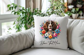 Personalised Springer Spaniel Summer Floral Dog Wreath Cushion And Mug Bundle, 4 of 4