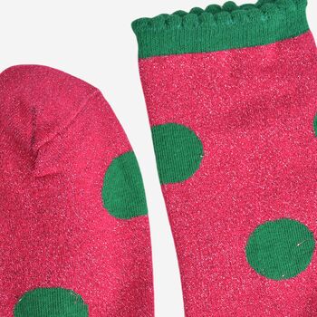 Women's Glitter Socks Hot Pink Green Large Polka Dots, 4 of 5