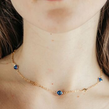 Blue Evil Eye Cross Minimalist Choker Necklace By The Colourful Aura