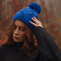 Royal Blue Pom Pom Cable Knit Beanie Hat, thumbnail 2 of 3