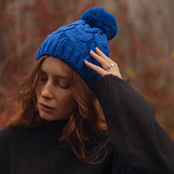 Royal Blue Pom Pom Cable Knit Beanie Hat, 2 of 3
