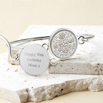 70th Birthday 1955 Sixpence Coin Bangle Bracelet, 2 of 10