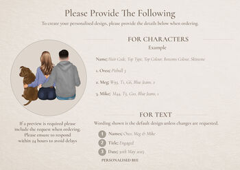 Personalised “Engaged” Acrylic Plaque – Couple And Pets Illustration, 2 of 12