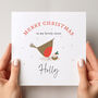 Personalised Christmas Card For Sister: Robin With Christmas Pudding Design, thumbnail 4 of 5