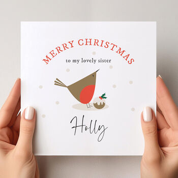 Personalised Christmas Card For Sister: Robin With Christmas Pudding Design, 4 of 5