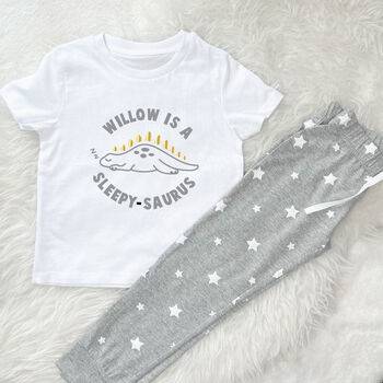 Sleepysaurus Dinosaur Personalised Kids Star Pyjamas, 3 of 3