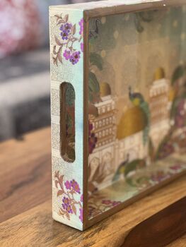 Luxury Wood Lacquer Coated Serving Tray, Indian Printed Serveware, 9 of 11