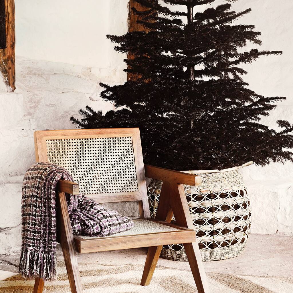 Round Natural And Black Wicker Baskets With Handles By The
