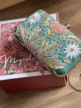 Valleta Green Embroidered Clutch Made To Order, 3 of 7