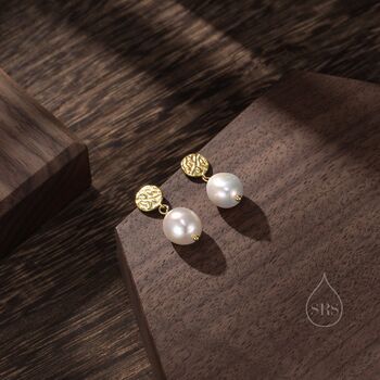 Genuine Pearl And Textured Disks Drop Earrings, 5 of 10