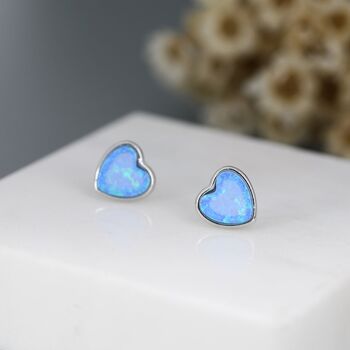 Blue Opal Heart Stud Earrings In Sterling Silver, 3 of 7