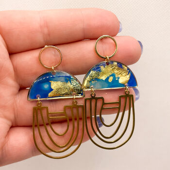 Blue Gold Flake Arch Statement Earrings For Her, 8 of 12