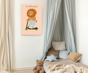 Lion Scooter Wild And Free Nursery Art Print, 3 of 3