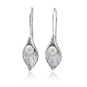 Handmade Calla Lily Freshwater Pearl Drop Earrings, 4 of 6