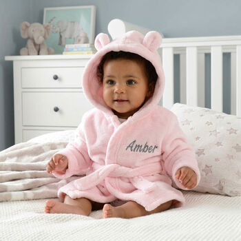 Personalised Pink Baby Dressing Gown With Ears On Hood, 2 of 7