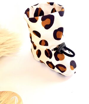 Beige Leopard Print Organic Cotton Drawstring Baby Boot, 6 of 9