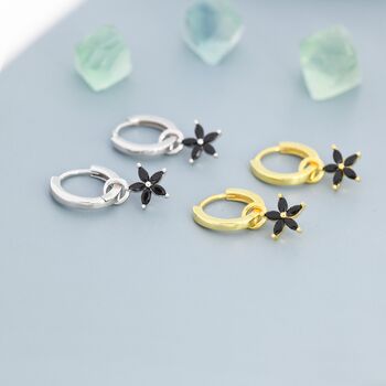 Sterling Silver Black Flower Cz Huggie Hoop, 2 of 11