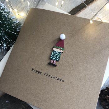 Personalised Wooden Pom Pom Elf Happy Christmas Card, 2 of 2