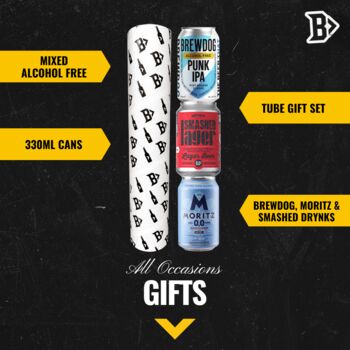 Mixed Alcohol Free Craft Beer Tube Gift Set Three Pack Brewdog, Moritz And Smashed, 2 of 3