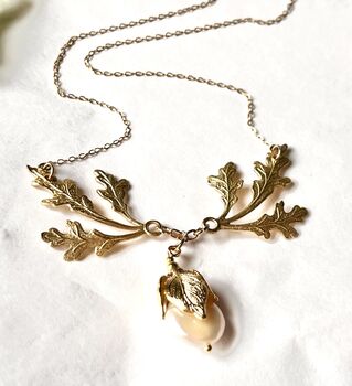 The Agatha Necklace Pearl Oak Leaf Baroque Coin Freshwater Gold Filled Handmade, 8 of 9