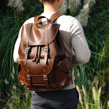 Military Style Genuine Leather Backpack In Tan, 11 of 12
