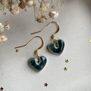 Small Green Blue Dainty Ceramic Heart Earrings, 2 of 8