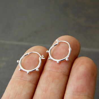 Tiny Hoop Sterling Silver Earrings With Ball Dots, 5 of 10