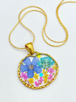 Dried Flowers Circle Pendant Necklace Silver Or Gold, 2 of 9