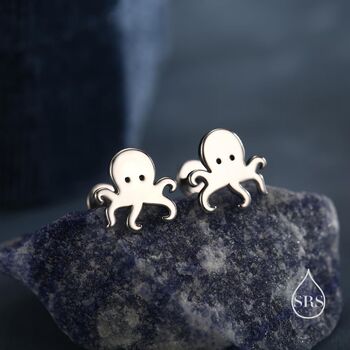Sterling Silver Tiny Octopus Flat Back Earrings, 2 of 12