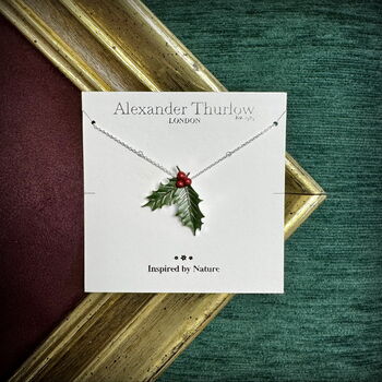Holly With Berries Christmas Necklace, Silver Plated, 2 of 4