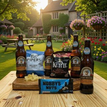 Cider Pub In A Box Gift Hamper Thachers Gold, Henry Westons, Hawkstone Cider Or Thatchers Apple And Blackcurrant With Pub Snacks, 2 of 4