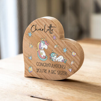 Personalised Oak Heart Unicorn Congratulations You're A Big Sister Gift, 3 of 4