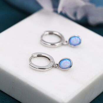 Sterling Silver Dangling Oval Blue Opal Hoop Earrings, 2 of 10