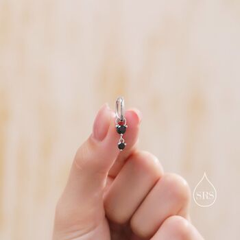 Double Black Cz Huggie Hoop Earrings In Sterling Silver, 2 of 11
