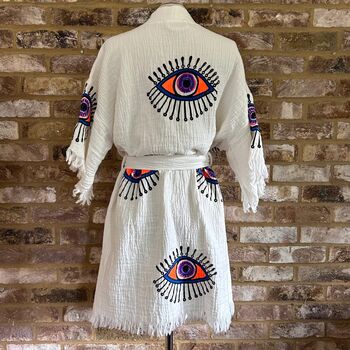 Organic Short Cotton Kimono: White With Orange And Purple Eye, 4 of 4