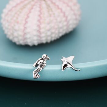 Mismatched Scuba Diver And Manta Ray Stud Earrings In Sterling Silver, 7 of 12