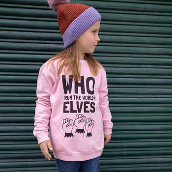 Who Run The World Elves Girls' Christmas Jumper In Pink, 2 of 4