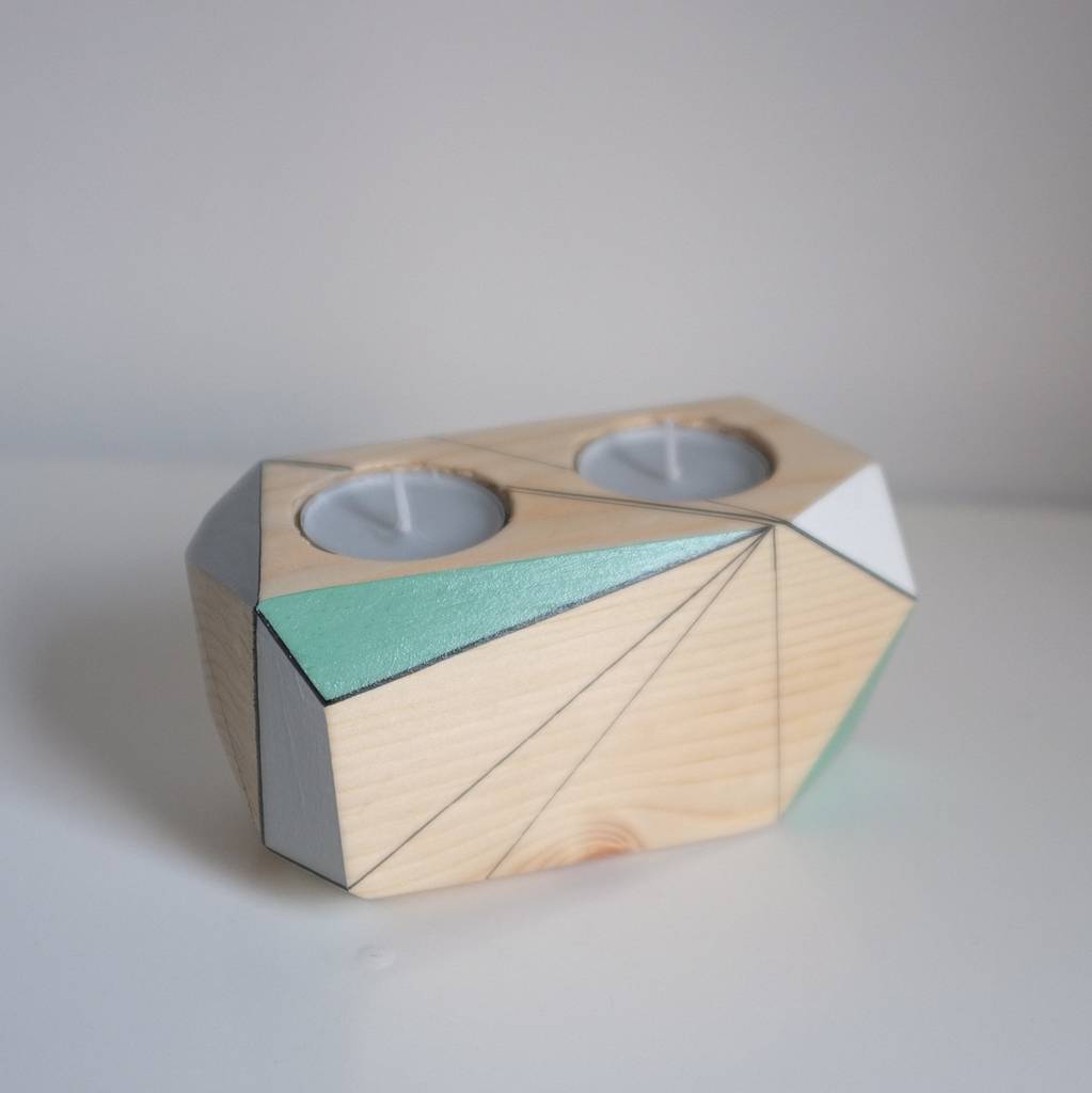 geometric wooden double tea light holder by polymorphics