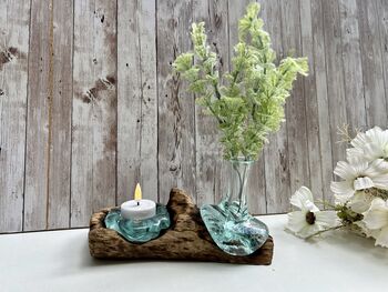 Molten Glass Mini Vase And Tealight Set On Teak Root Base, 7 of 12