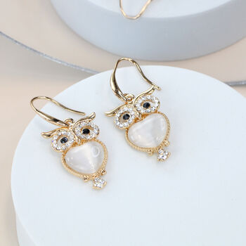 Zircon Moonstone Owl Earrings Gold/Silver Plated, 4 of 8