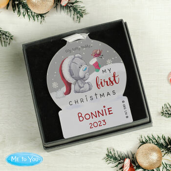 Personalised Tiny Tatty Teddy First Christmas Acrylic Snow Globe Tree Decoration, 2 of 4